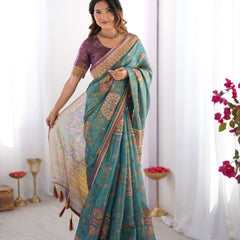 Sea Green & Purple Linen Cotton Saree with Hand-Painted Krishna Raas Leela Pallu