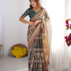 Teal Green & Brown Pure Linen Cotton Handloom Saree with Royal Cow & Tree Motif Pallu