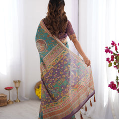 Sea Green & Purple Linen Cotton Saree with Hand-Painted Krishna Raas Leela Pallu