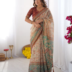 Beige & Green Handloom Cotton Saree with Village Life Print and Majestic Peacock Pallu