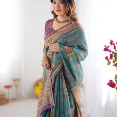 Sea Green & Purple Linen Cotton Saree with Hand-Painted Krishna Raas Leela Pallu