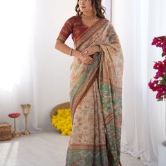 Beige & Green Handloom Cotton Saree with Village Life Print and Majestic Peacock Pallu