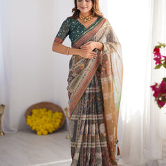Teal Green & Brown Pure Linen Cotton Handloom Saree with Royal Cow & Tree Motif Pallu