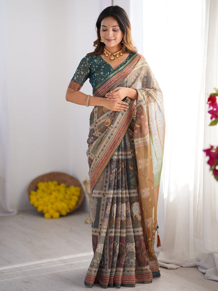 Teal Green & Brown Pure Linen Cotton Handloom Saree with Royal Cow & Tree Motif Pallu