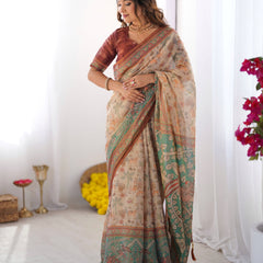 Beige & Green Handloom Cotton Saree with Village Life Print and Majestic Peacock Pallu
