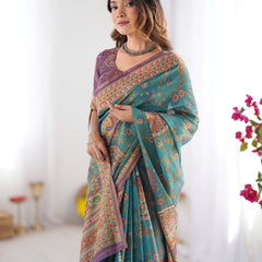 Sea Green & Purple Linen Cotton Saree with Hand-Painted Krishna Raas Leela Pallu