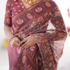 Maroon Pure Linen Cotton Handloom Saree with Elephant Motifs and Floral Digital Print
