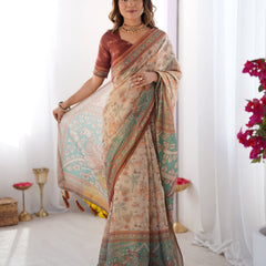 Beige & Green Handloom Cotton Saree with Village Life Print and Majestic Peacock Pallu