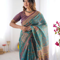 Sea Green & Purple Linen Cotton Saree with Hand-Painted Krishna Raas Leela Pallu