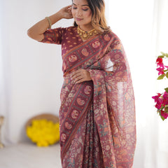 Maroon Pure Linen Cotton Handloom Saree with Elephant Motifs and Floral Digital Print