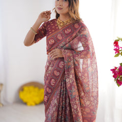 Maroon Pure Linen Cotton Handloom Saree with Elephant Motifs and Floral Digital Print