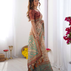 Beige & Green Handloom Cotton Saree with Village Life Print and Majestic Peacock Pallu