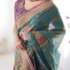 Sea Green & Purple Linen Cotton Saree with Hand-Painted Krishna Raas Leela Pallu