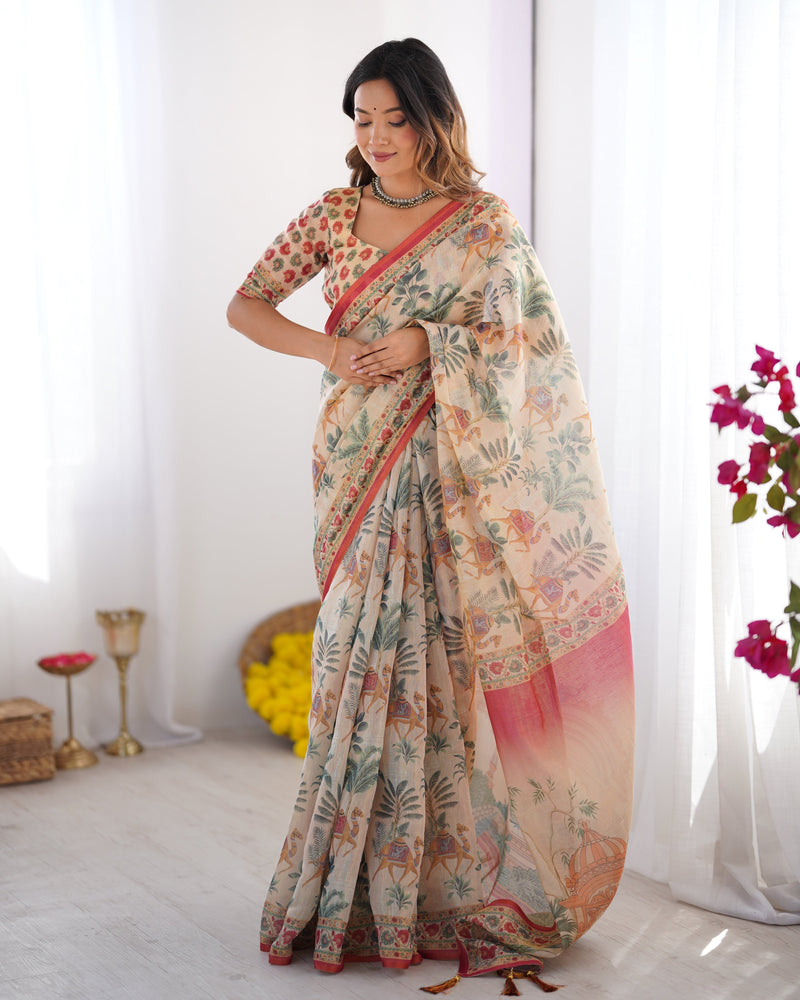 Beige & Red Handloom Linen Cotton Saree with Camel Caravan & Palace Artwork