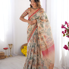 Beige & Red Handloom Linen Cotton Saree with Camel Caravan & Palace Artwork