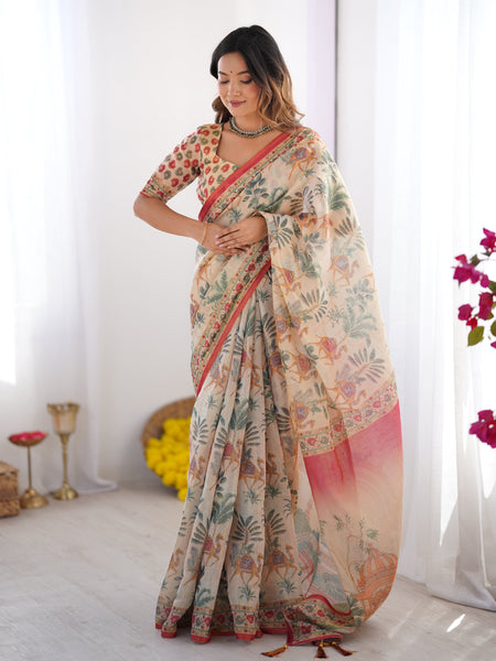 Beige & Red Handloom Linen Cotton Saree with Camel Caravan & Palace Artwork