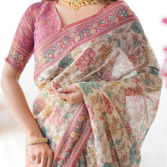Cream & Pink Handloom Cotton Saree with Pastel Floral Print and Ornamental Tree Pallu