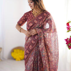 Maroon Pure Linen Cotton Handloom Saree with Elephant Motifs and Floral Digital Print
