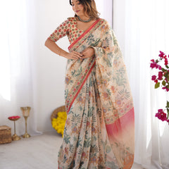 Beige & Red Handloom Linen Cotton Saree with Camel Caravan & Palace Artwork