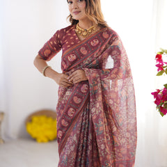 Maroon Pure Linen Cotton Handloom Saree with Elephant Motifs and Floral Digital Print