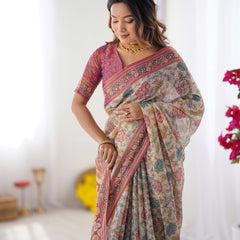 Cream & Pink Handloom Cotton Saree with Pastel Floral Print and Ornamental Tree Pallu