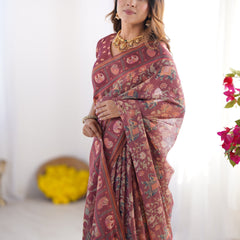 Maroon Pure Linen Cotton Handloom Saree with Elephant Motifs and Floral Digital Print