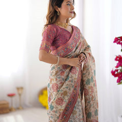 Cream & Pink Handloom Cotton Saree with Pastel Floral Print and Ornamental Tree Pallu