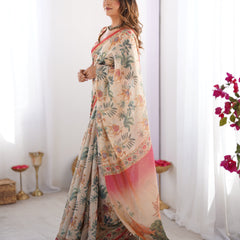 Beige & Red Handloom Linen Cotton Saree with Camel Caravan & Palace Artwork