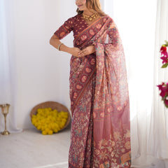 Maroon Pure Linen Cotton Handloom Saree with Elephant Motifs and Floral Digital Print