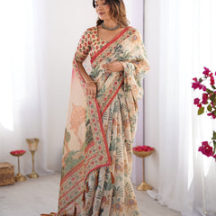 Beige & Red Handloom Linen Cotton Saree with Camel Caravan & Palace Artwork