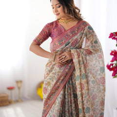 Cream & Pink Handloom Cotton Saree with Pastel Floral Print and Ornamental Tree Pallu