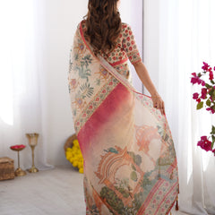 Beige & Red Handloom Linen Cotton Saree with Camel Caravan & Palace Artwork