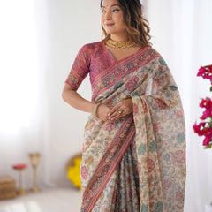 Cream & Pink Handloom Cotton Saree with Pastel Floral Print and Ornamental Tree Pallu