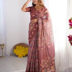 Maroon Pure Linen Cotton Handloom Saree with Elephant Motifs and Floral Digital Print