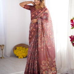 Maroon Pure Linen Cotton Handloom Saree with Elephant Motifs and Floral Digital Print