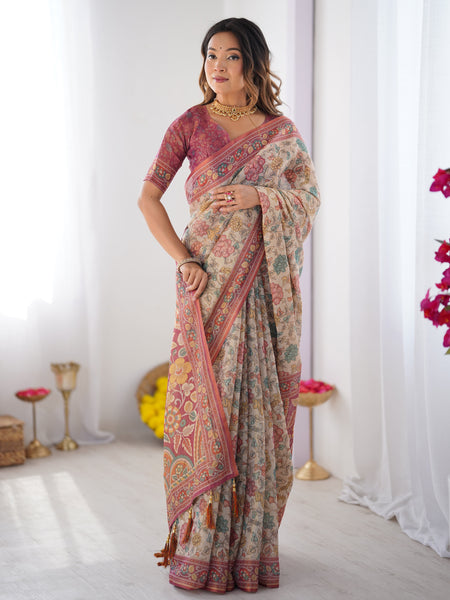 Cream & Pink Handloom Cotton Saree with Pastel Floral Print and Ornamental Tree Pallu