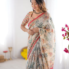 Beige & Red Handloom Linen Cotton Saree with Camel Caravan & Palace Artwork