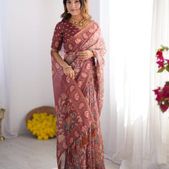 Maroon Pure Linen Cotton Handloom Saree with Elephant Motifs and Floral Digital Print