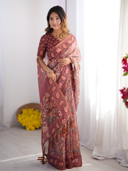Maroon Pure Linen Cotton Handloom Saree with Elephant Motifs and Floral Digital Print