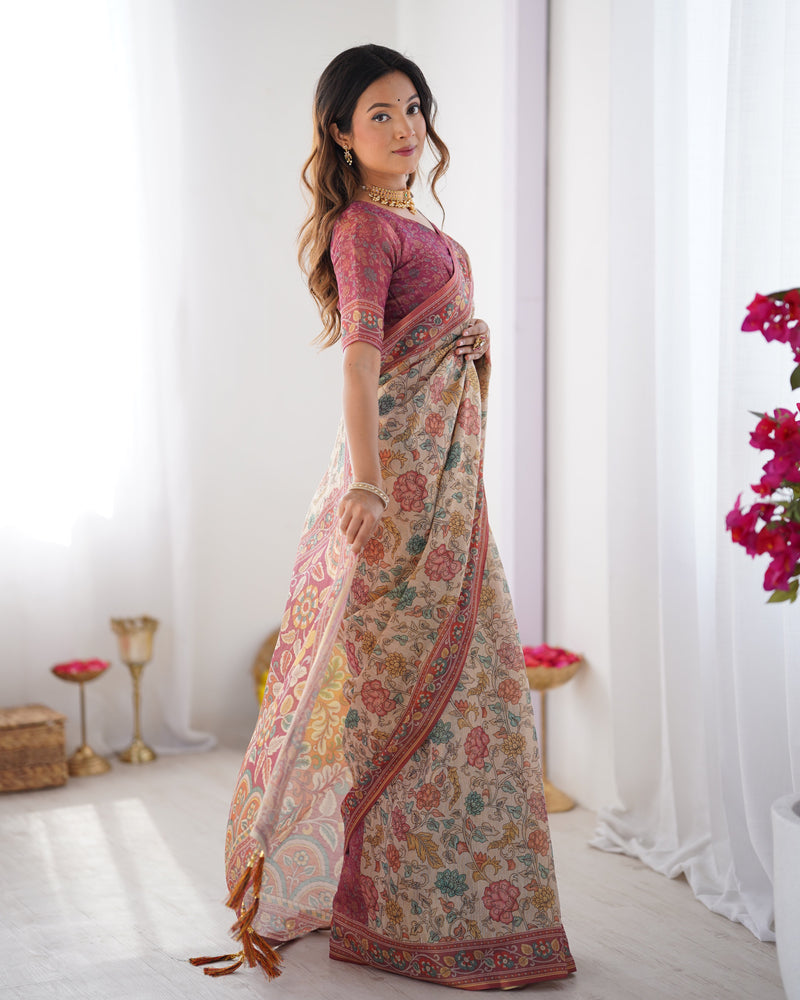 Cream & Pink Handloom Cotton Saree with Pastel Floral Print and Ornamental Tree Pallu