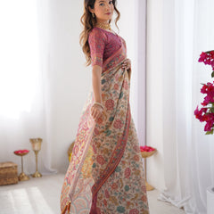 Cream & Pink Handloom Cotton Saree with Pastel Floral Print and Ornamental Tree Pallu