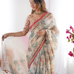 Beige & Red Handloom Linen Cotton Saree with Camel Caravan & Palace Artwork