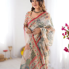 Beige & Red Handloom Linen Cotton Saree with Camel Caravan & Palace Artwork