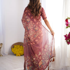 Maroon Pure Linen Cotton Handloom Saree with Elephant Motifs and Floral Digital Print