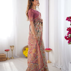 Cream & Pink Handloom Cotton Saree with Pastel Floral Print and Ornamental Tree Pallu