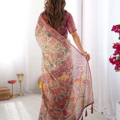 Cream & Pink Handloom Cotton Saree with Pastel Floral Print and Ornamental Tree Pallu