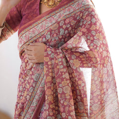 Maroon Pure Linen Cotton Handloom Saree with Elephant & Floral Folk Art