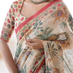 Beige & Red Handloom Linen Cotton Saree with Camel Caravan & Palace Artwork