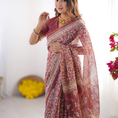 Maroon Pure Linen Cotton Handloom Saree with Elephant & Floral Folk Art