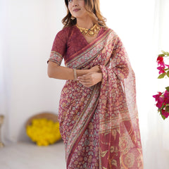 Maroon Pure Linen Cotton Handloom Saree with Elephant & Floral Folk Art